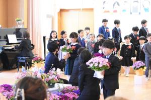 先生からサイネリアを受け取る